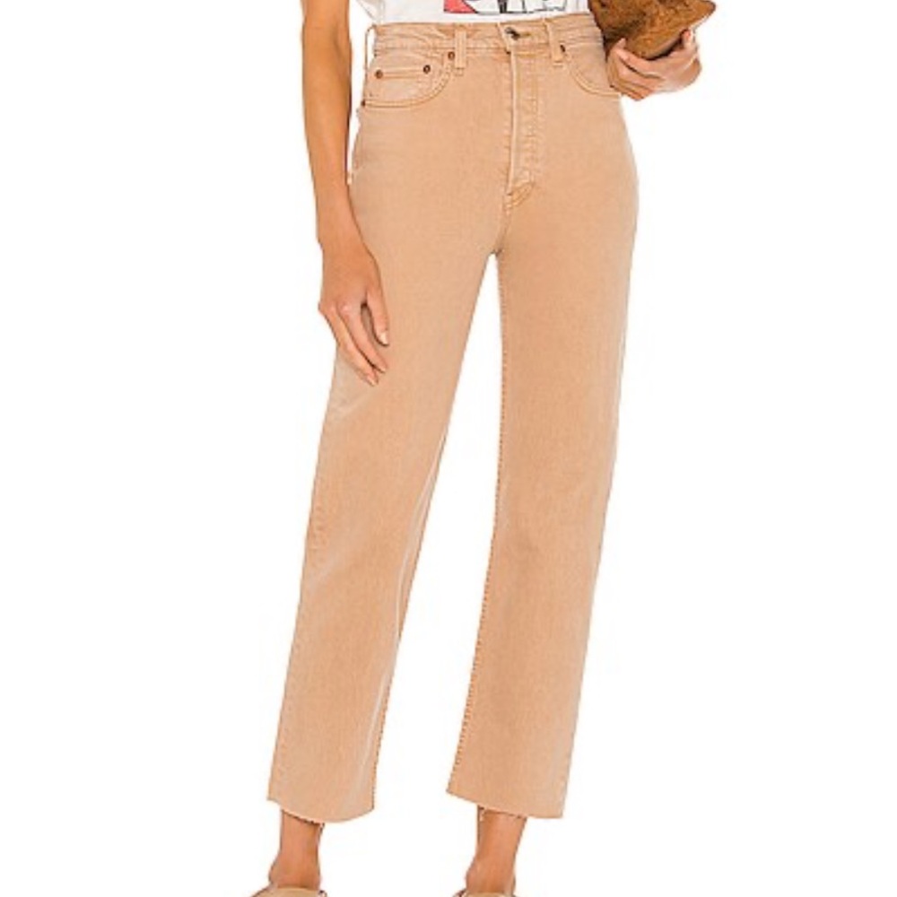 RE/DONE High Rise Stove Pipe Straight Jeans, Tan | Size 28